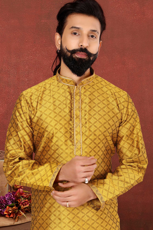 Mustard Color Readymade Glamorous Kurta Pyjama For Men In Fancy Fabric