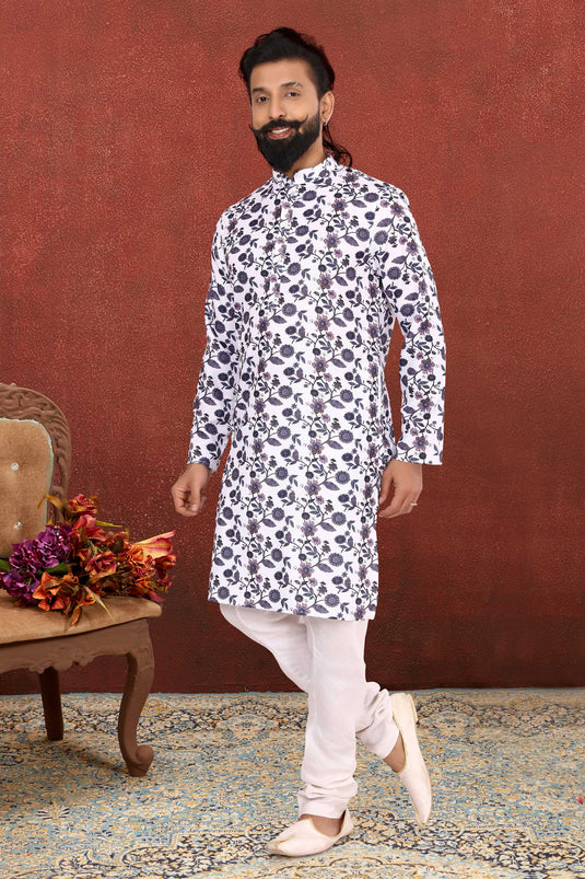 White Color Cotton Fabric Artistic Readymade Men Kurta Pyjama