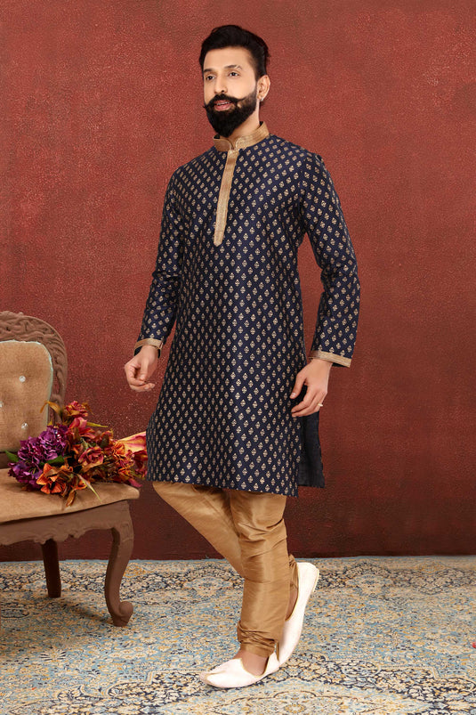 Navy Blue Color Readymade Dhupion Silk Fabric Kurta Pyjama For Men