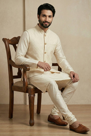 Beige Function Wear Dhupion Fabric Men Readymade Kurta Pyjama With Designer Jacket