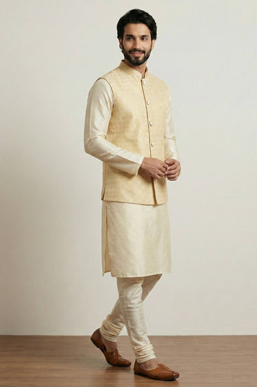 Dhupion Beige Color Men Readymade Kurta Pyjama With Designer Jacket For Function Wear