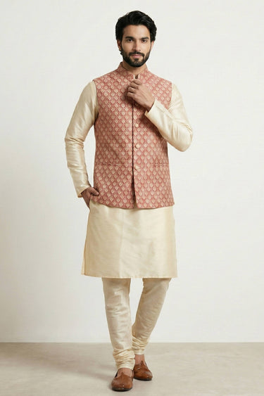 Beige Dhupion Fabric Function Wear Readymade Kurta Pyjama With Designer Jacket For Men