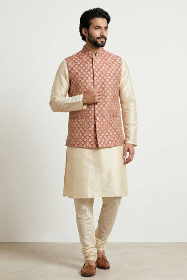 Beige Dhupion Fabric Function Wear Readymade Kurta Pyjama With Designer Jacket For Men