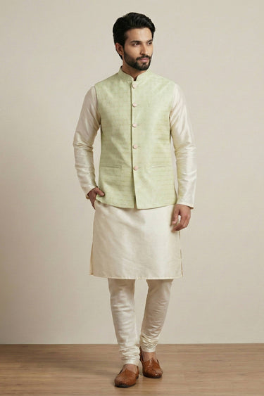 Beige Color Function Wear Dhupion Fabric Readymade Kurta Pyjama With Designer Jacket For Men