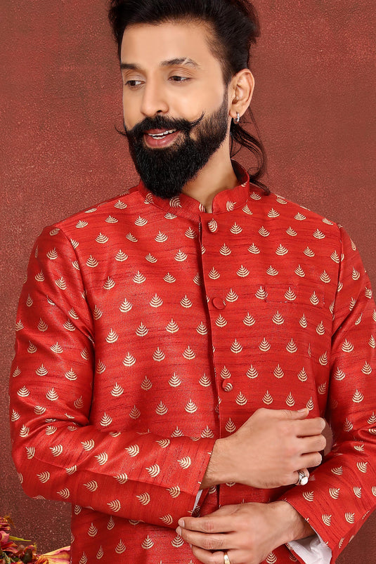 Jacquard Silk Red Festive Wear Readymade Lovely Indo Western For Men