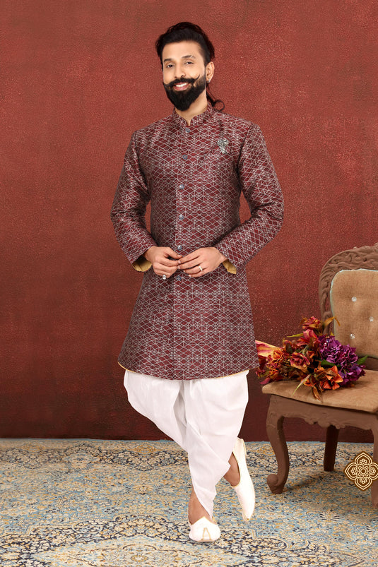 Jacquard Silk Maroon Wedding Wear Readymade Glamorous Indo Western For Men