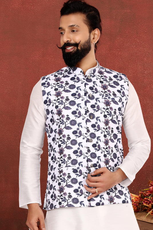 Dhupion Silk Fabric White Color Festive Wear Readymade Men Stylish Kurta Pyjama With Jacket