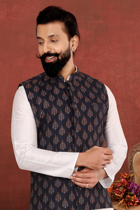 Dhupion Silk White Festive Wear Readymade Lovely Kurta Pyjama For Men With Jacket