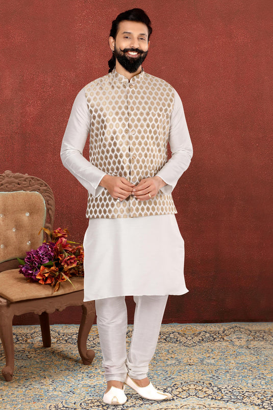 Dhupion Silk White Magnificent Readymade Men Kurta Pyjama With Jacket