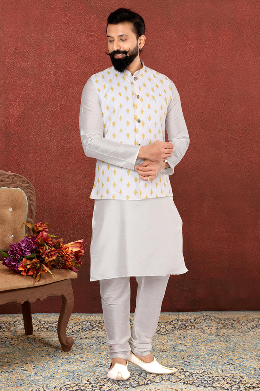 White Color Dhupion Silk Fabric Readymade Men Kurta Pyjama With Jacket