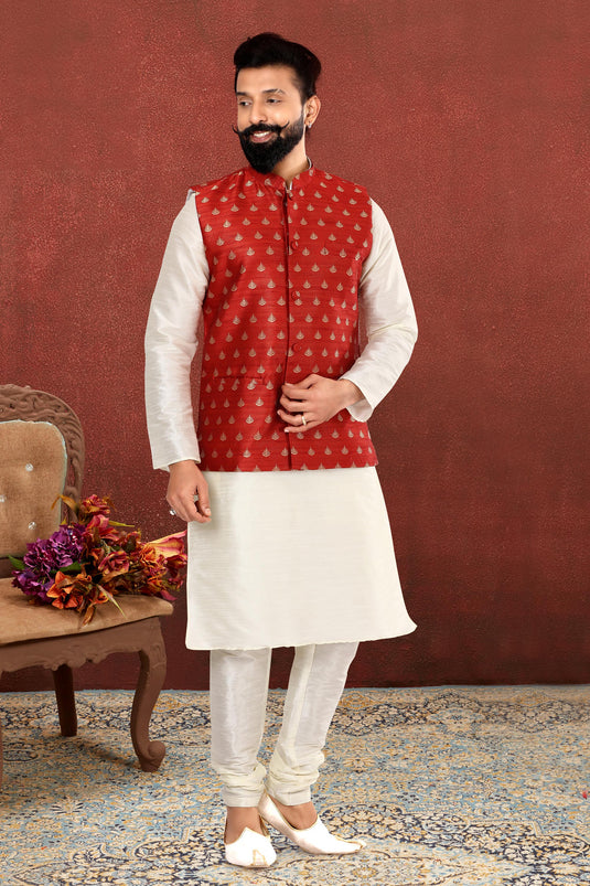 White Color Sangeet Wear Dhupion Silk Fabric Designer Readymade Kurta Pyjama For Men With Jacket