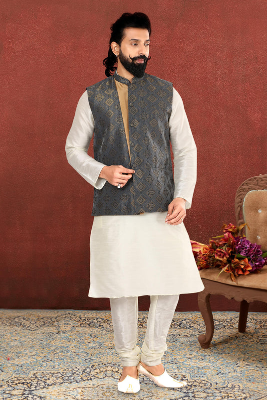 White Color Beautiful Dhupion Silk Fabric Wedding Wear Readymade Kurta Pyjama For Men With Jacket