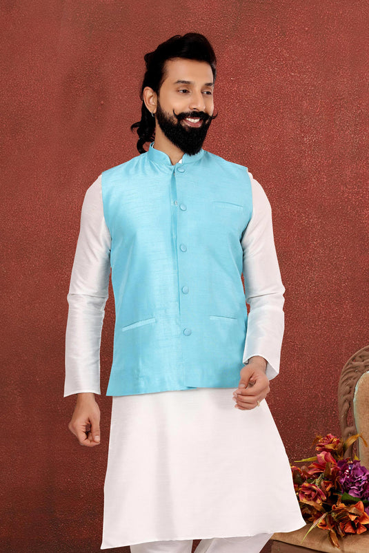 Cyan Dhupion Silk Fabric Wedding Wear Trendy Readymade Jacket For Men