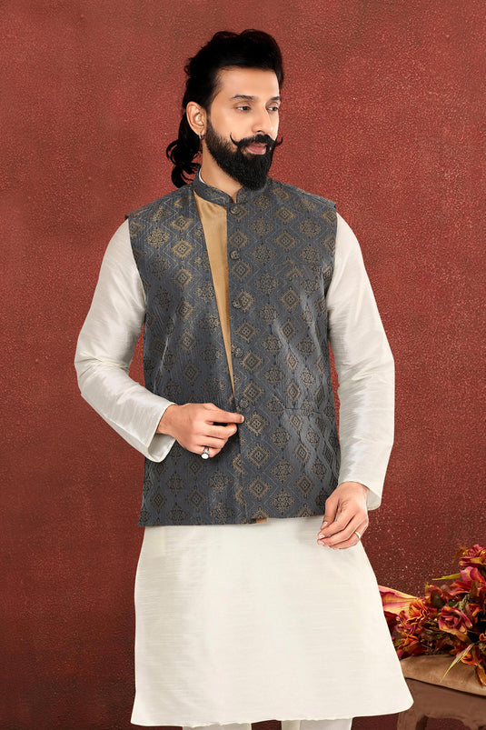 Grey Color Jacquard Silk Fabric Festive Wear Readymade Jacket For Men