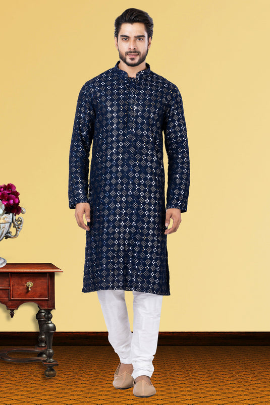 Navy Blue Georgette Fabric Readymade Kurta Pyjama For Men