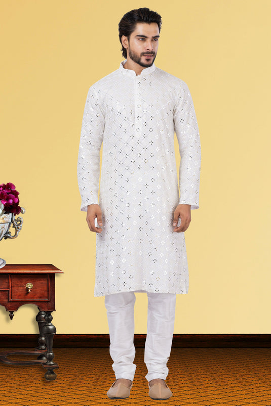 White Georgette Fabric Trendy Readymade Kurta Pyjama For Men