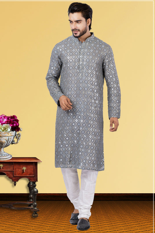 Grey Readymade Kurta Pyjama For Men In Georgette Fabric