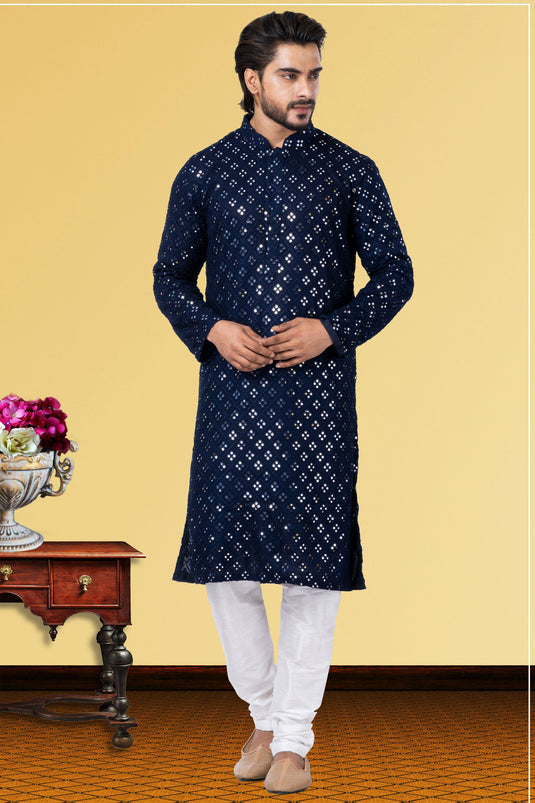 Readymade Men Kurta Pyjama In Navy Blue Color