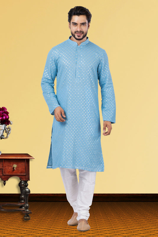 Sky Blue Readymade Georgette Fabric Kurta Pyjama For Men