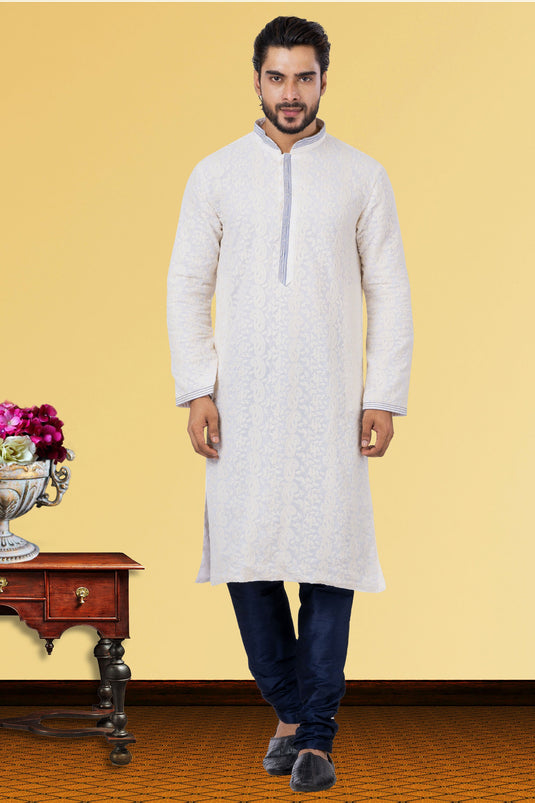 White Georgette Fabric Striking Readymade Kurta Pyjama For Men