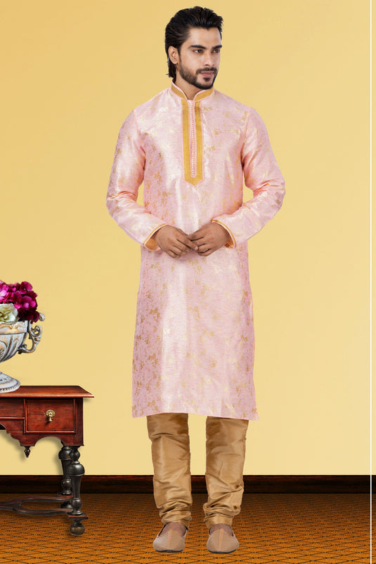 Linen Silk Fabric Readymade Kurta Pyjama For Men In Pink Color