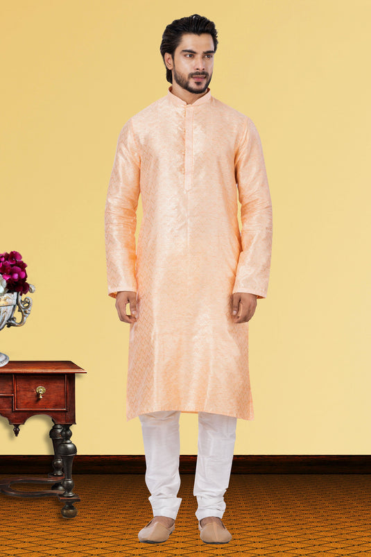 Linen Silk Fabric Peach Festive Wear Readymade Men Stylish Kurta Pyjama