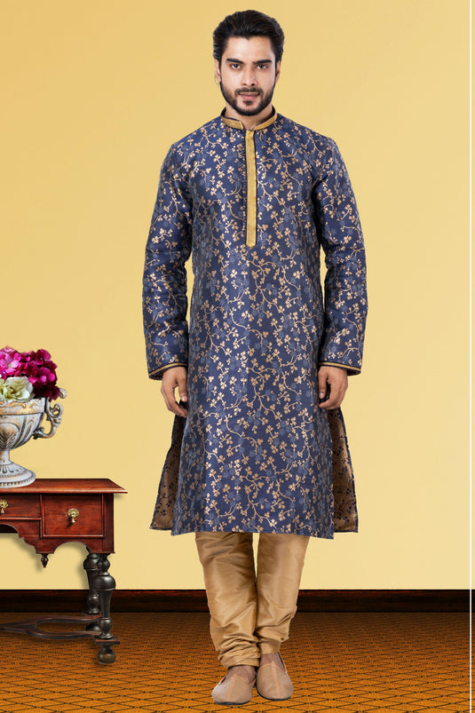 Jacquard Fabric Navy Blue Wedding Wear Readymade Designer Men Kurta Pyjama