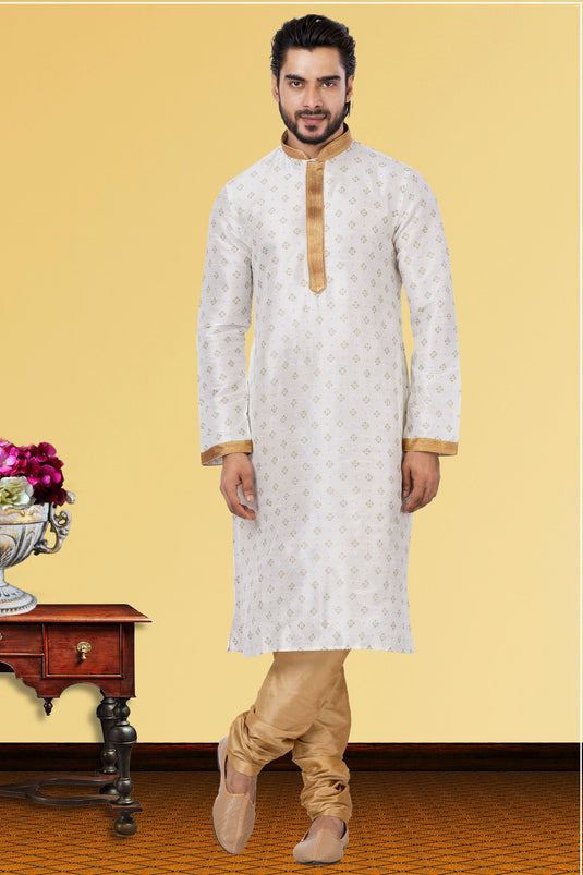 Dhupion Fabric Sangeet Wear Readymade Men Kurta Pyjama In White Color