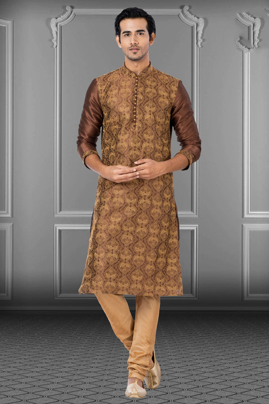 Festive Wear Readymade Kurta Pyjama For Men In Brown Dhupion Fabric