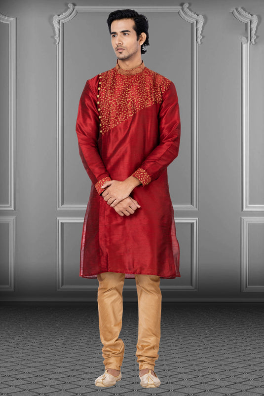 Sangeet Wear Readymade Kurta Pyjama For Men In Dhupion Fabric Maroon Color