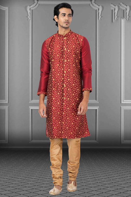 Maroon Dhupion Fabric Function Wear Fancy Readymade Kurta Pyjama For Men