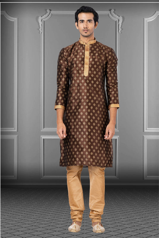 Dhupion Fabric Wedding Wear Readymade Kurta Pyjama For Men In Brown Color