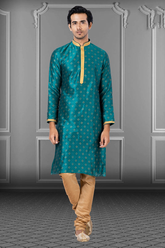 Dhupion Fabric Teal Festive Wear Readymade Men Stylish Kurta Pyjama