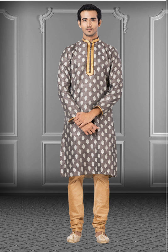 Jacquard Fabric Sangeet Wear Readymade Men Kurta Pyjama In Grey Color