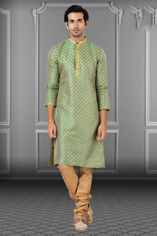 Jacquard Fabric Green Magnificent Readymade Men Kurta Pyjama For Sangeet Wear