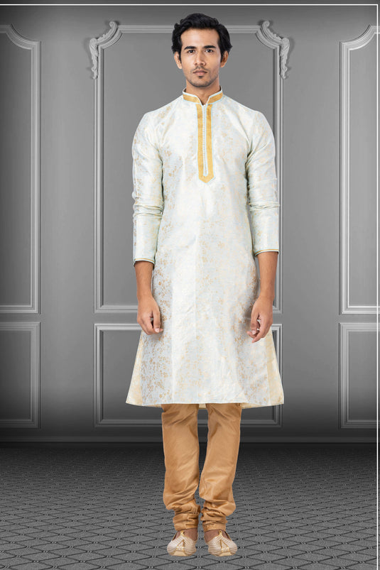 Linen Silk Fabric Function Wear Readymade Light Cyan Kurta Pyjama For Men