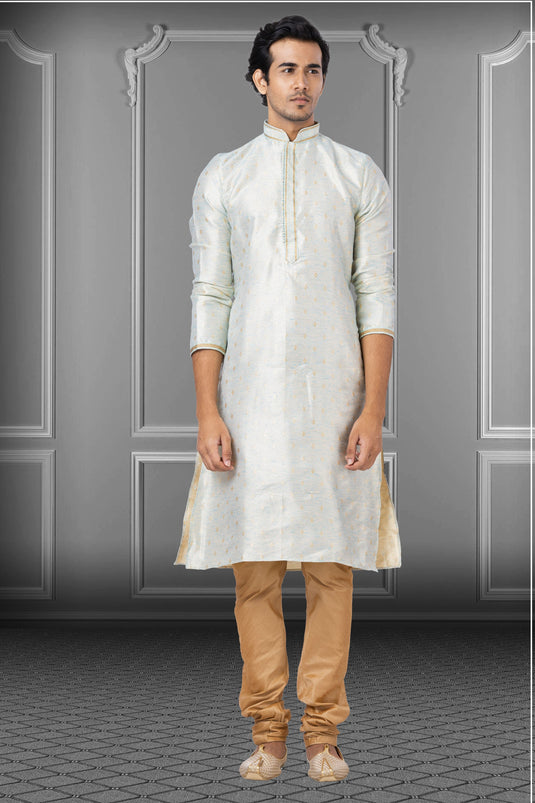 Sangeet Wear Readymade Kurta Pyjama For Men In Jacquard Fabric Light Cyan Color