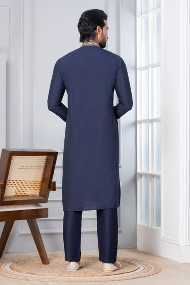 Fancy Navy Blue Cotton Sangeet Wear Readymade Kurta Pyjama For Men