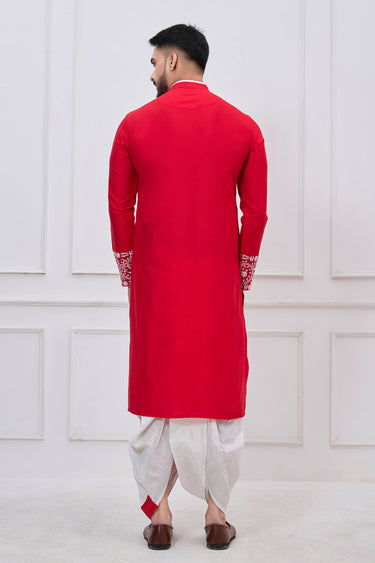 Viscose Embroidered Red Festive Wear Readymade Bengali Style Kurta With Dhoti For Men