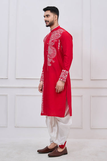 Viscose Embroidered Red Festive Wear Readymade Bengali Style Kurta With Dhoti For Men