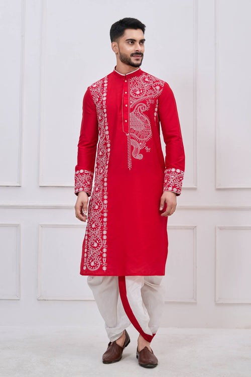 Viscose Embroidered Red Festive Wear Readymade Bengali Style Kurta With Dhoti For Men