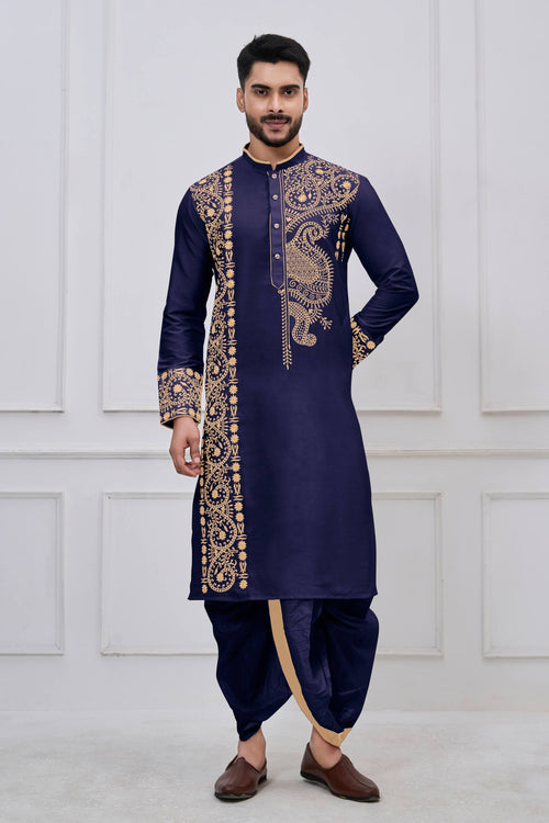 Embroidered Viscose Navy Blue Men Readymade Bengali Style Kurta With Dhoti For Festive Wear