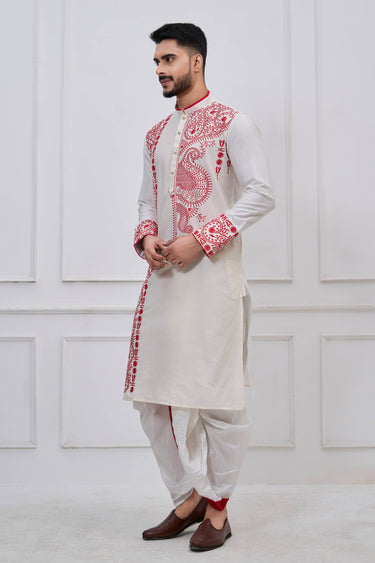 White Festive Wear Viscose Embroidered Readymade Bengali Style Kurta With Dhoti For Men
