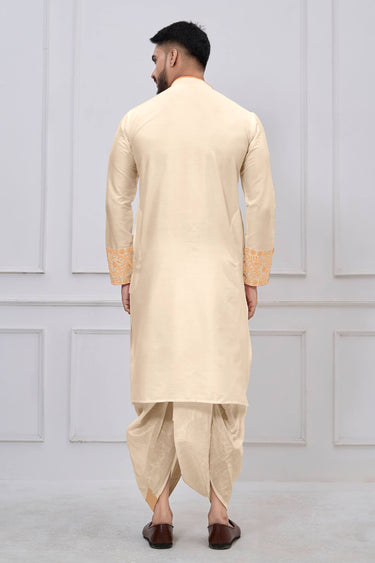 Embroidered Viscose Beige Men Readymade Bengali Style Kurta With Dhoti For Festive Wear