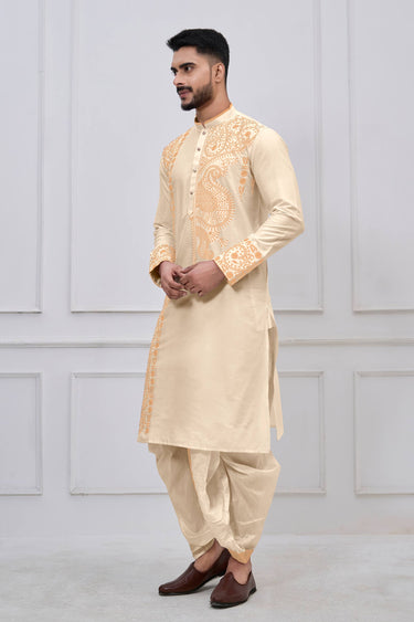 Embroidered Viscose Beige Men Readymade Bengali Style Kurta With Dhoti For Festive Wear