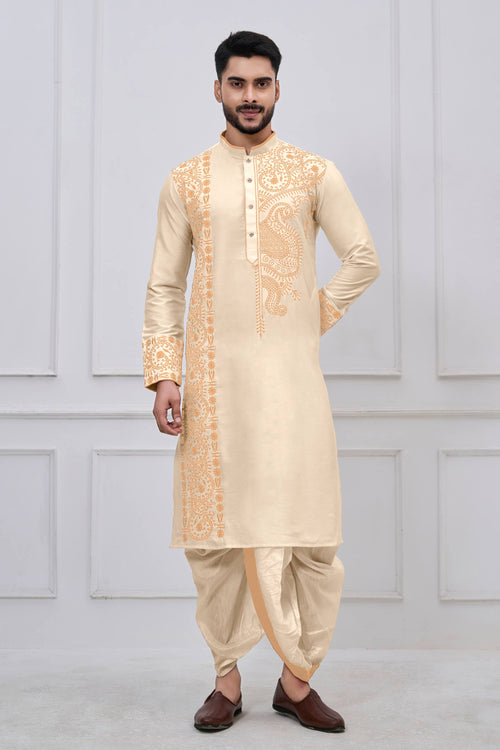Embroidered Viscose Beige Men Readymade Bengali Style Kurta With Dhoti For Festive Wear