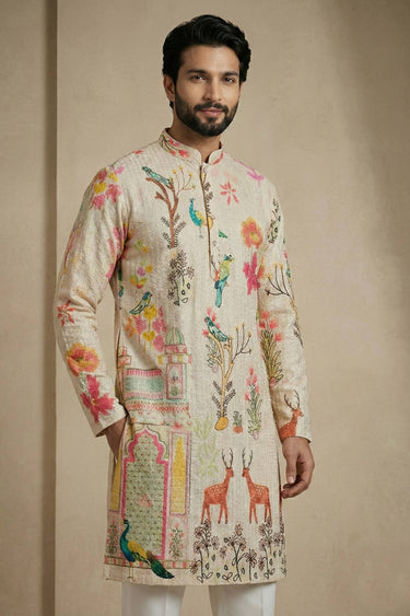 Printed Multi Color Wedding Wear Readymade Kurta Pyjama For Men