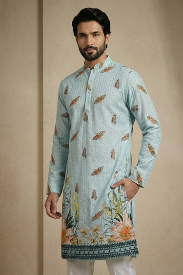 Cotton Fabric Printed Multi Color Wedding Wear Readymade Kurta Pyjama For Men