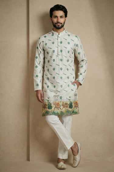 Multi Color Printed Cotton Fabric Readymade Kurta Pyjama For Men