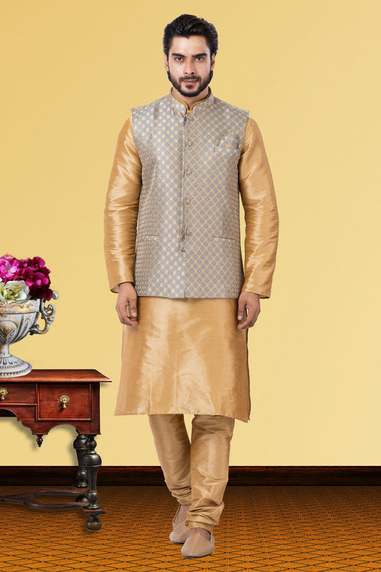 Cream Reception Wear Readymade Dhupion Raw Silk Fabric Kurta Pyjama For Men With Jacket